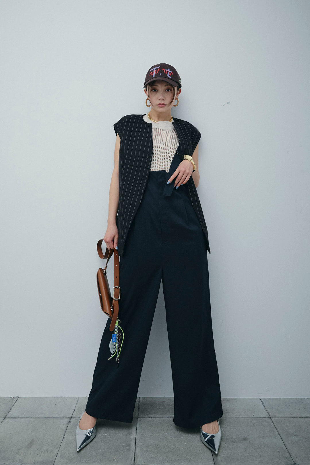 [予約/SET]ストライプBIGジレ+フィッシュネットノースリーブニット+ハイウエストワイドサロペット(3set)