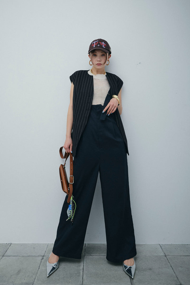 [予約/SET]ストライプBIGジレ+フィッシュネットノースリーブニット+ハイウエストワイドサロペット(3set)