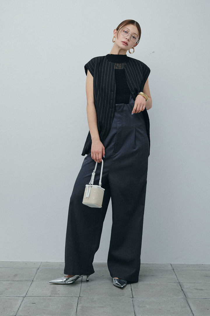 [予約/SET]ストライプBIGジレ+フィッシュネットノースリーブニット+ハイウエストワイドサロペット(3set)