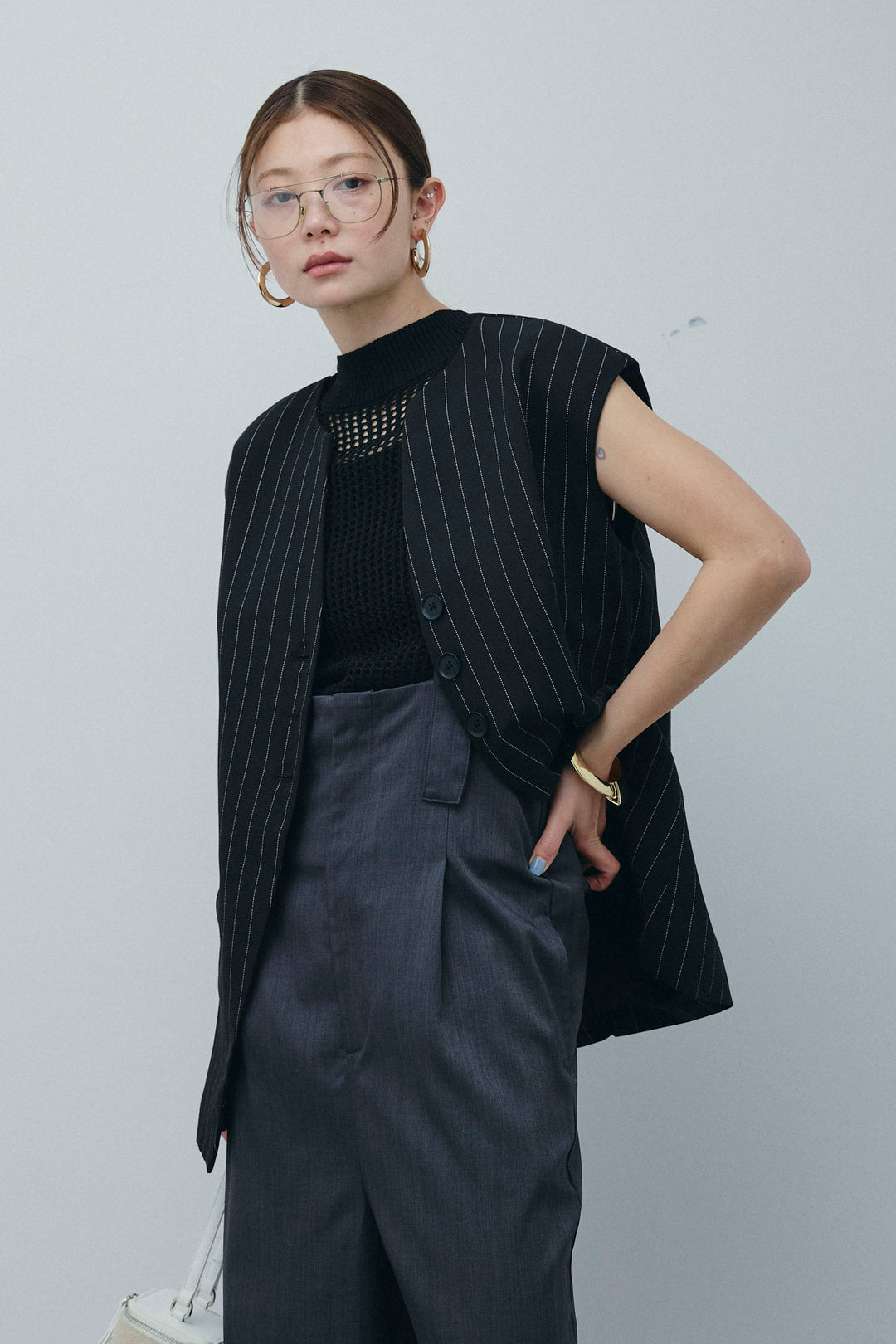 [予約/SET]ストライプBIGジレ+フィッシュネットノースリーブニット+ハイウエストワイドサロペット(3set)