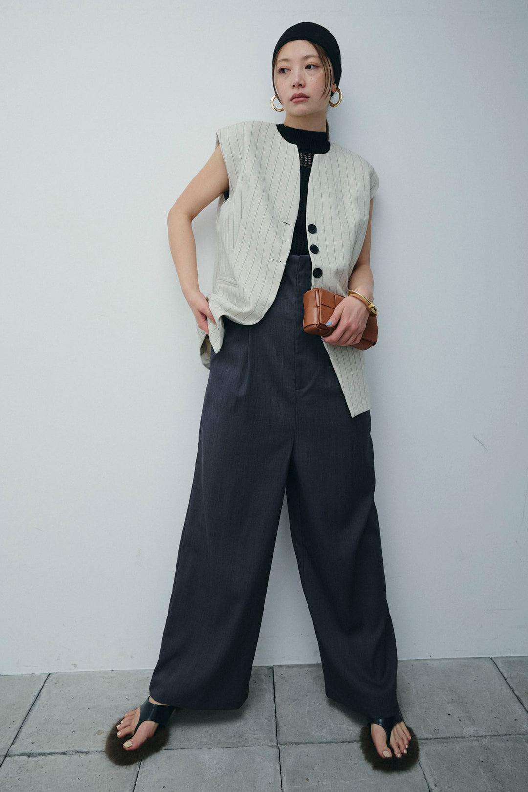 [予約/SET]ストライプBIGジレ+フィッシュネットノースリーブニット+ハイウエストワイドサロペット(3set)