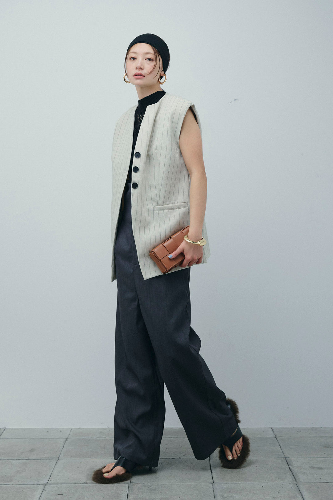 [予約/SET]ストライプBIGジレ+フィッシュネットノースリーブニット+ハイウエストワイドサロペット(3set)