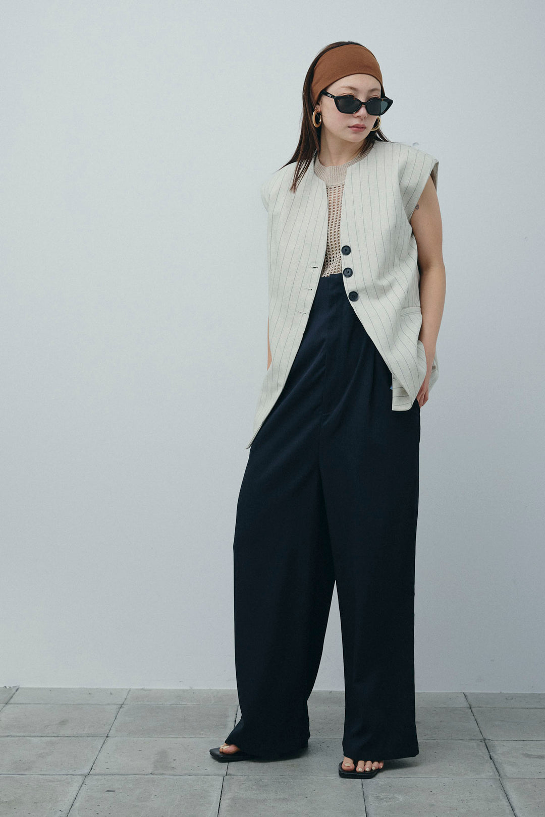 [予約/SET]ストライプBIGジレ+フィッシュネットノースリーブニット+ハイウエストワイドサロペット(3set)