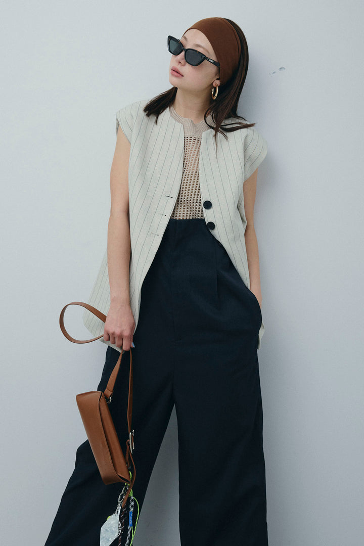 [予約/SET]ストライプBIGジレ+フィッシュネットノースリーブニット+ハイウエストワイドサロペット(3set)