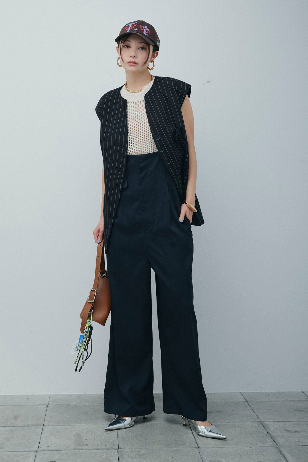 [予約/SET]ストライプBIGジレ+フィッシュネットノースリーブニット+ハイウエストワイドサロペット(3set)