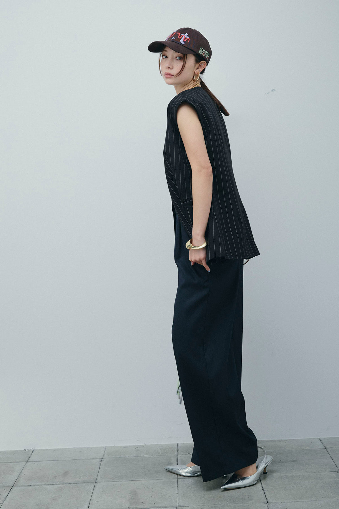 [予約/SET]ストライプBIGジレ+フィッシュネットノースリーブニット+ハイウエストワイドサロペット(3set)