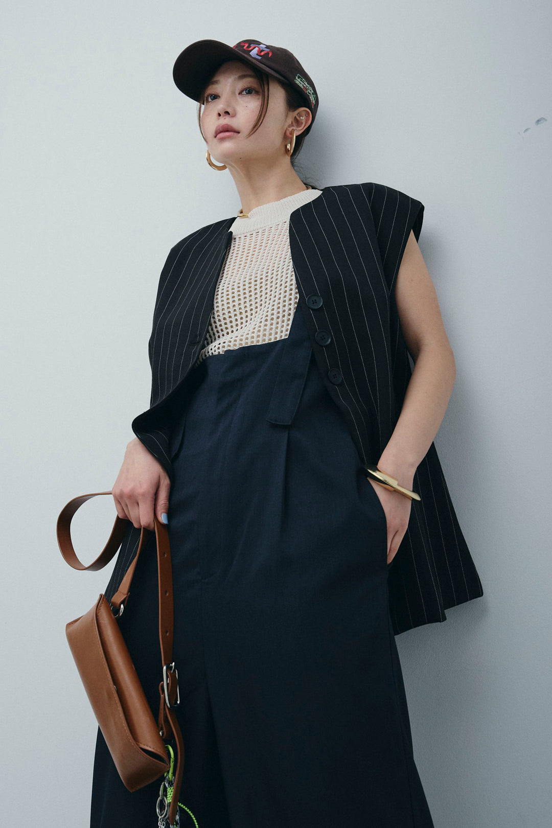 [予約/SET]ストライプBIGジレ+フィッシュネットノースリーブニット+ハイウエストワイドサロペット(3set)