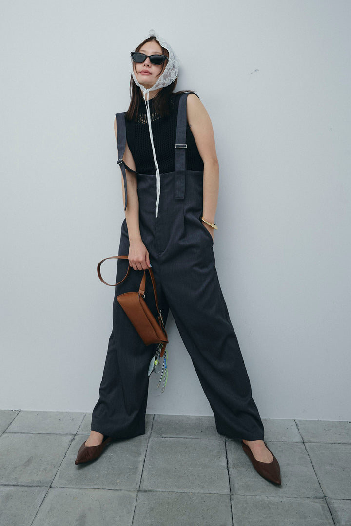 [予約/SET]フィッシュネットノースリーブニット+ハイウエストワイドサロペット(2set)