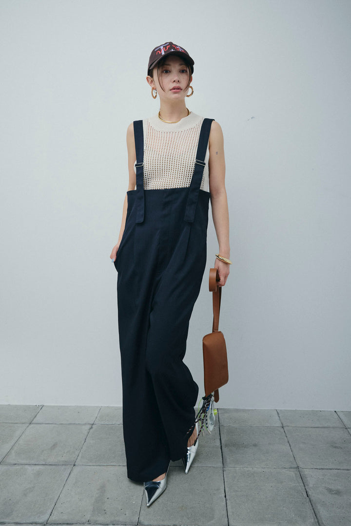 [予約/SET]フィッシュネットノースリーブニット+ハイウエストワイドサロペット(2set)