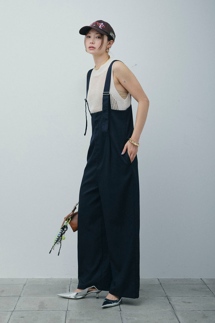 [予約/SET]フィッシュネットノースリーブニット+ハイウエストワイドサロペット(2set)