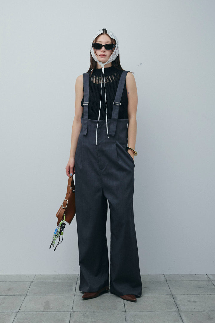 [予約/SET]フィッシュネットノースリーブニット+ハイウエストワイドサロペット(2set)