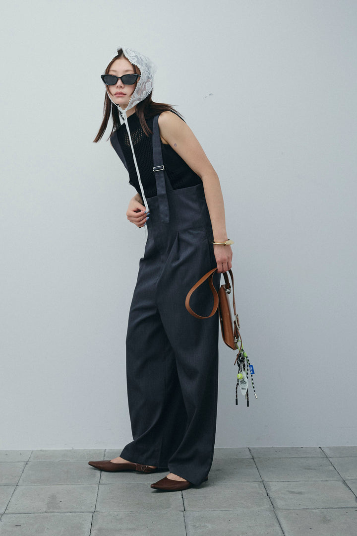 [予約/SET]フィッシュネットノースリーブニット+ハイウエストワイドサロペット(2set)