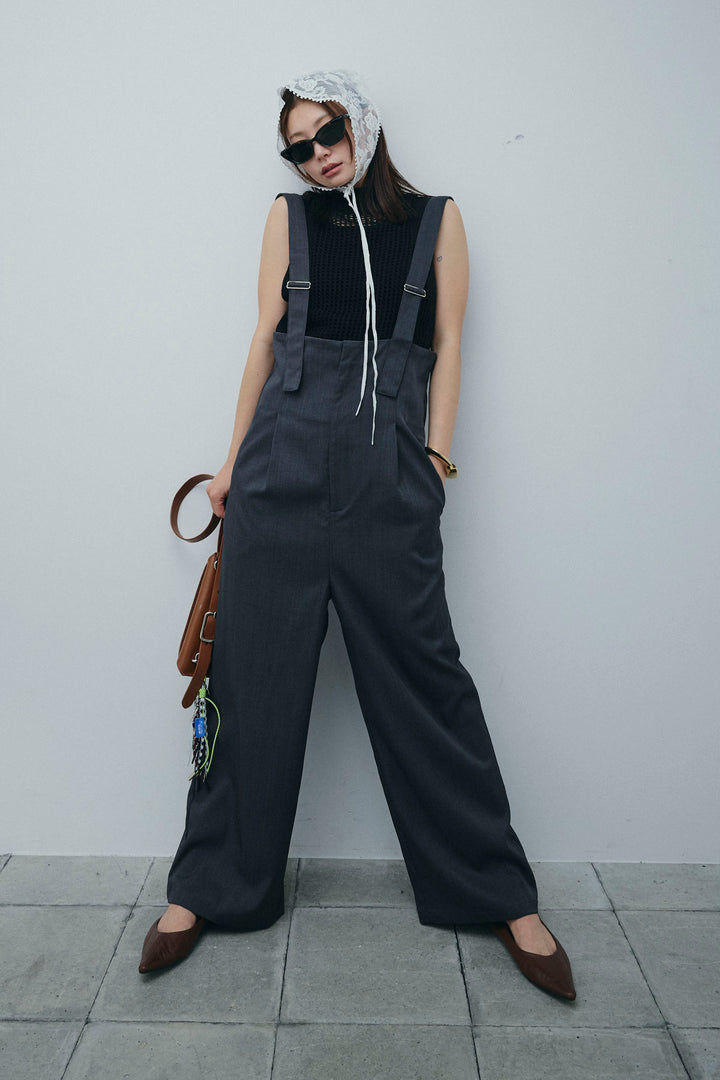 [予約/SET]フィッシュネットノースリーブニット+ハイウエストワイドサロペット(2set)