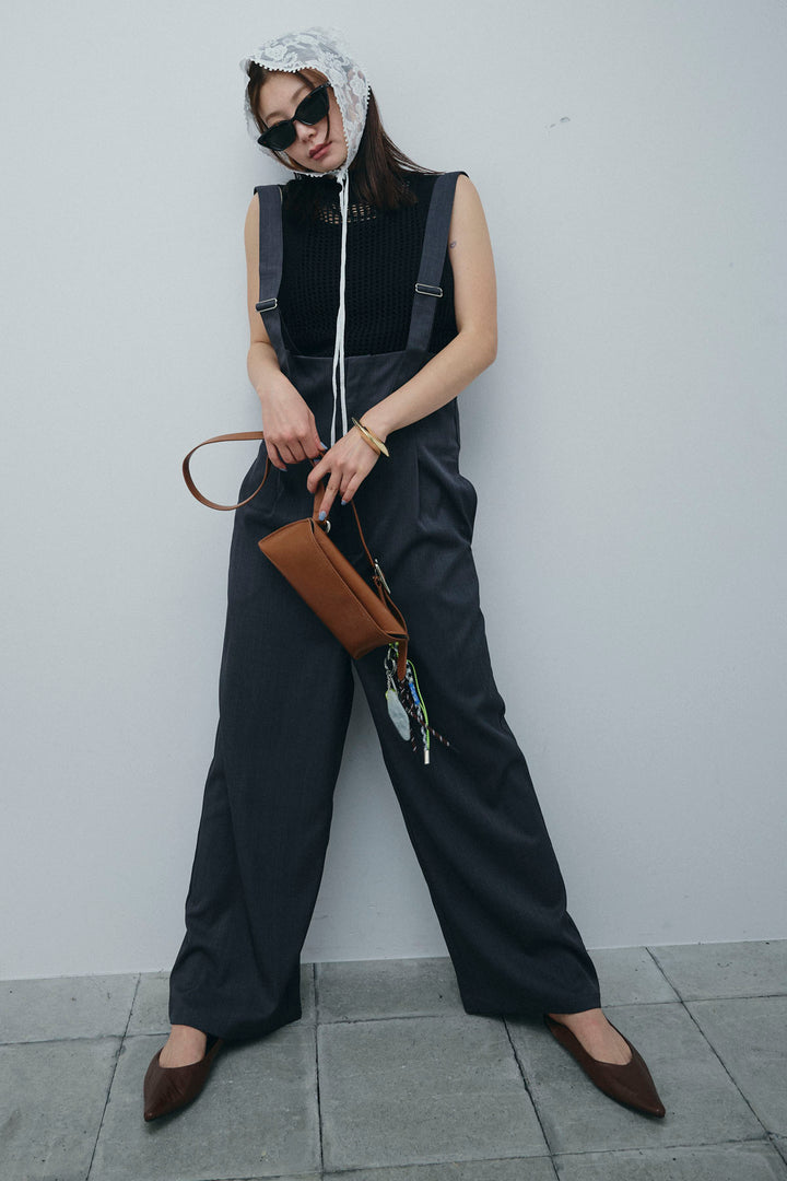 [予約/SET]フィッシュネットノースリーブニット+ハイウエストワイドサロペット(2set)