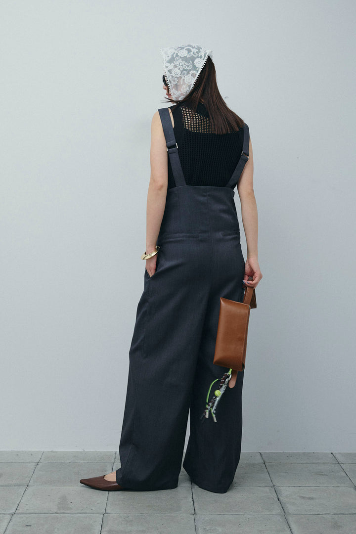 [予約/SET]フィッシュネットノースリーブニット+ハイウエストワイドサロペット(2set)