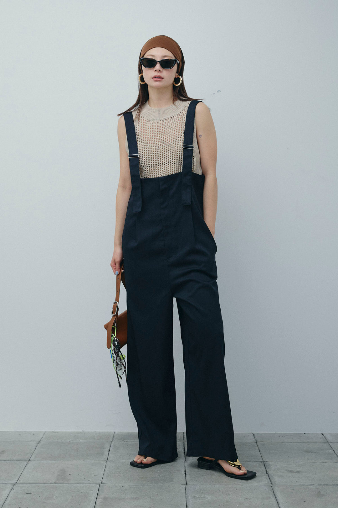 [予約/SET]フィッシュネットノースリーブニット+ハイウエストワイドサロペット(2set)