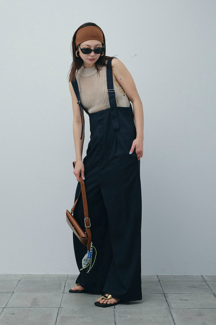 [予約/SET]フィッシュネットノースリーブニット+ハイウエストワイドサロペット(2set)