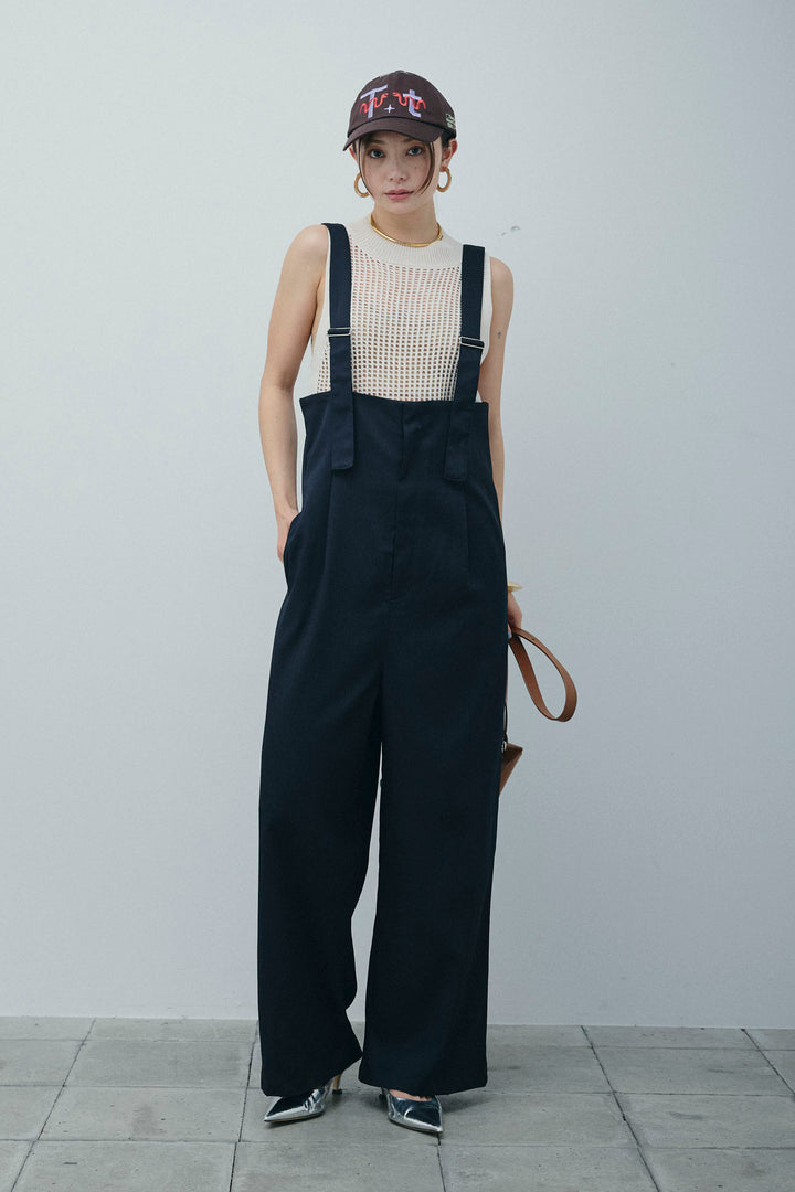 [予約/SET]フィッシュネットノースリーブニット+ハイウエストワイドサロペット(2set)