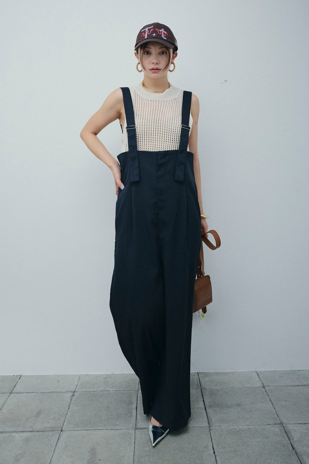 [予約/SET]フィッシュネットノースリーブニット+ハイウエストワイドサロペット(2set)