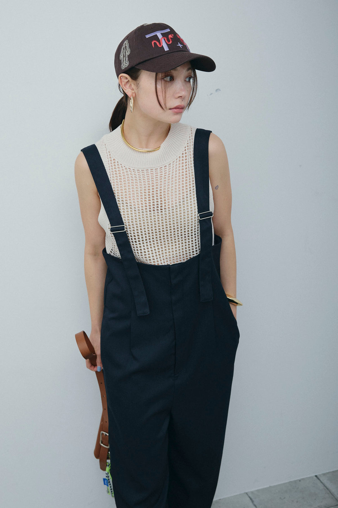 [予約/SET]フィッシュネットノースリーブニット+ハイウエストワイドサロペット(2set)