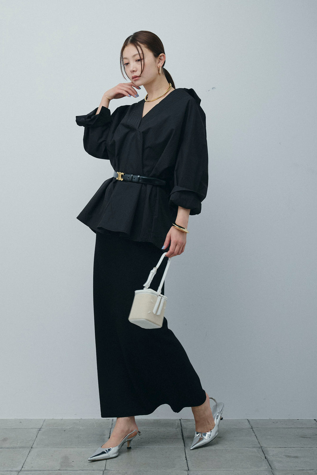 [予約/SET]スキッパービッグシャツ+ラメタイトスカート(2set)