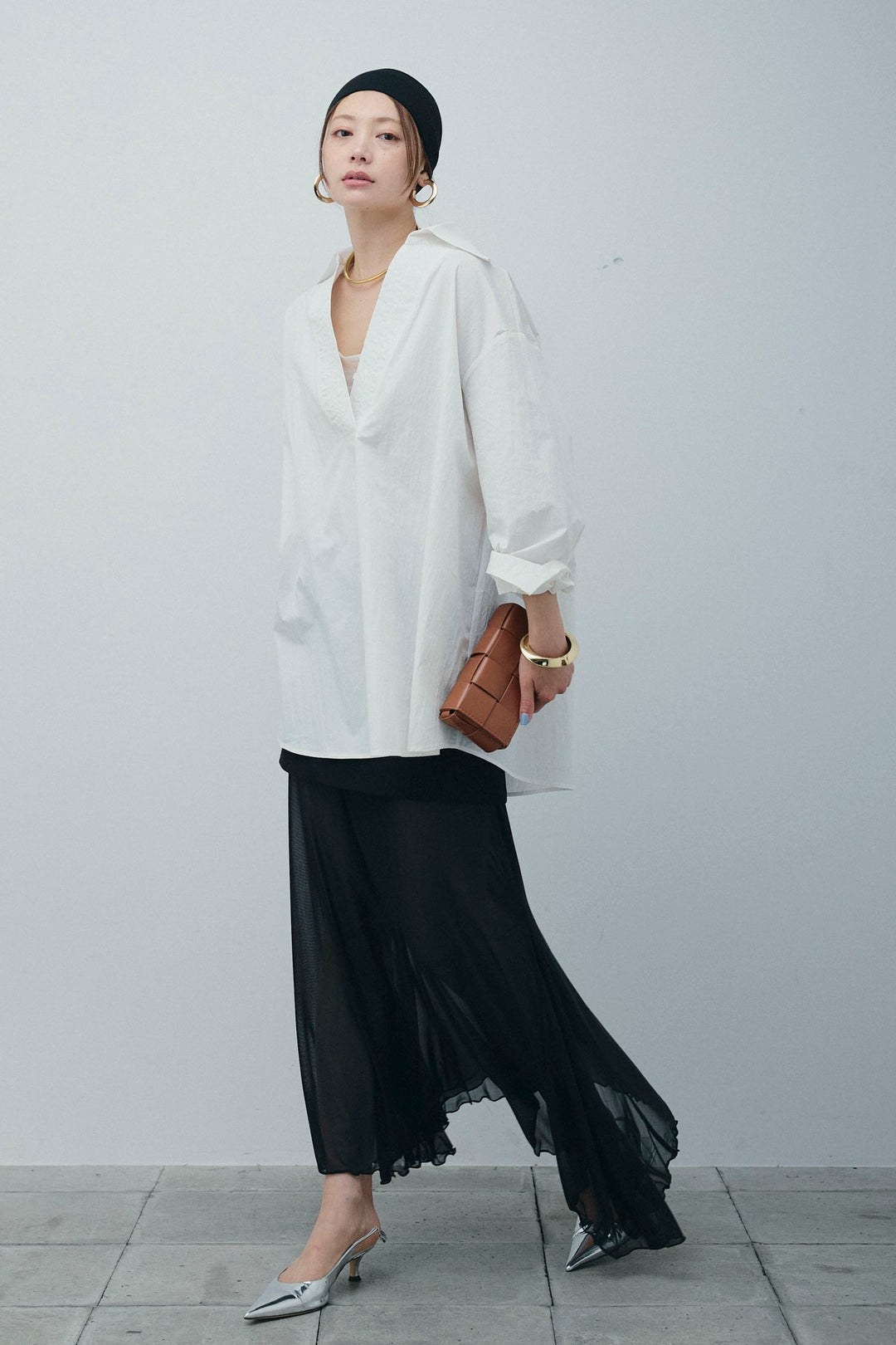 [予約/SET]スキッパービッグシャツ+チュールレイヤードミニスカート(2set)