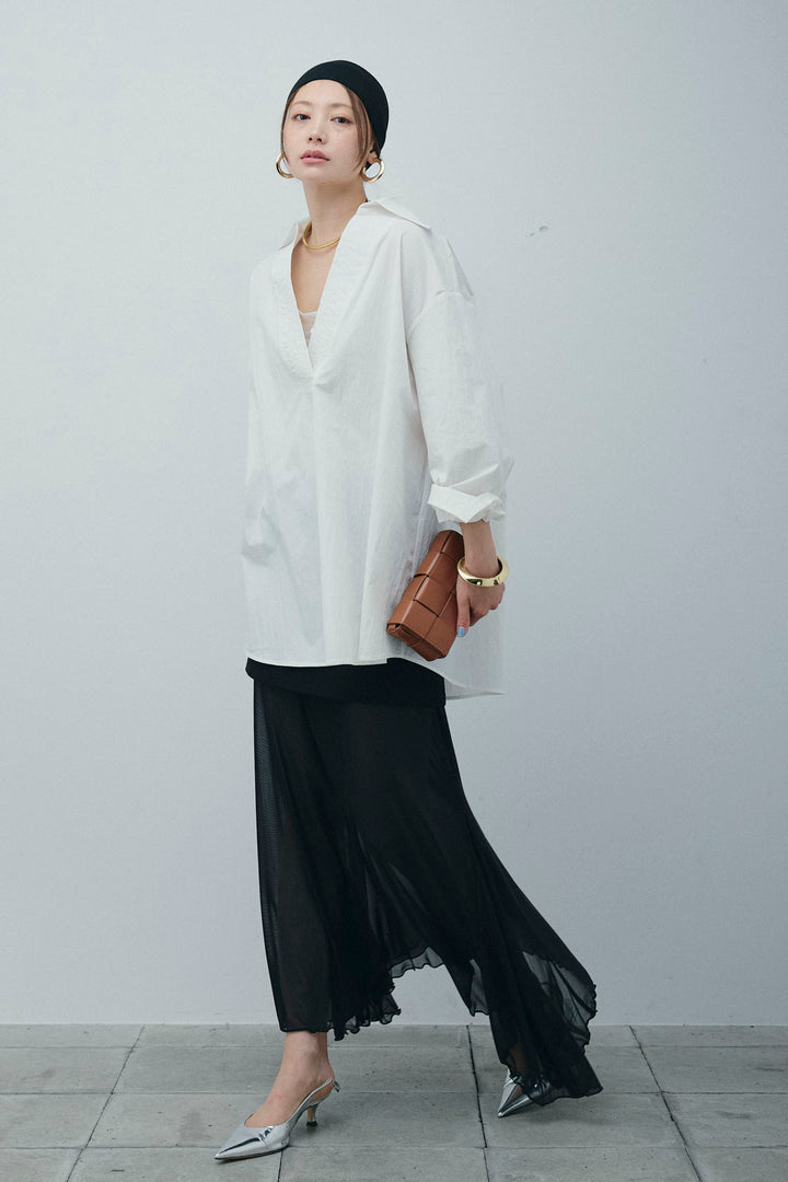 [予約/SET]スキッパービッグシャツ+チュールレイヤードミニスカート(2set)