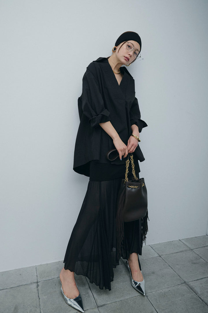 [予約/SET]スキッパービッグシャツ+チュールレイヤードミニスカート(2set)