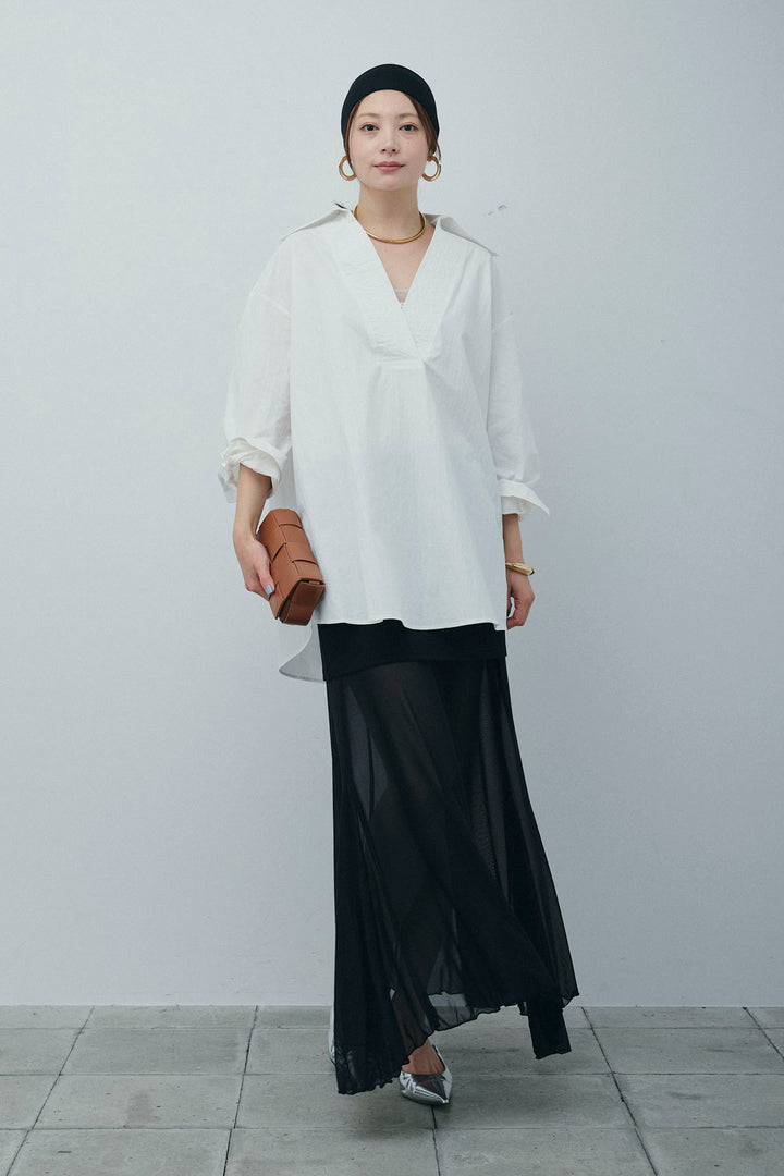 [予約/SET]スキッパービッグシャツ+チュールレイヤードミニスカート(2set)