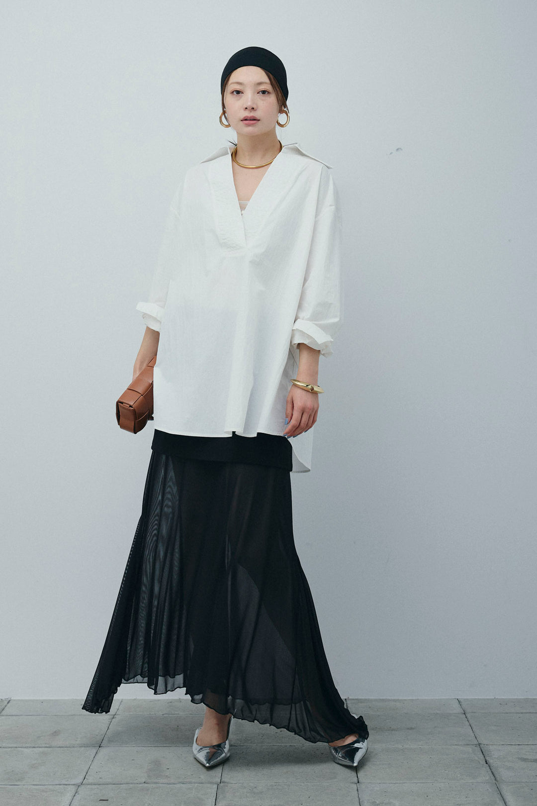 [予約/SET]スキッパービッグシャツ+チュールレイヤードミニスカート(2set)