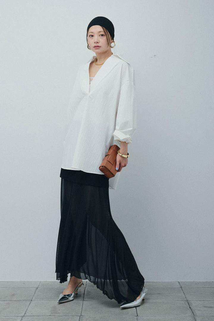 [予約/SET]スキッパービッグシャツ+チュールレイヤードミニスカート(2set)