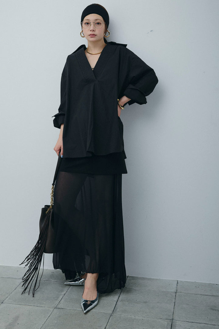 [予約/SET]スキッパービッグシャツ+チュールレイヤードミニスカート(2set)