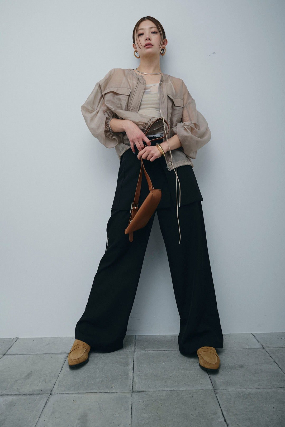 [予約/SET]ドロストシアーブルゾン+ラップ巻きストレートパンツ(2set)