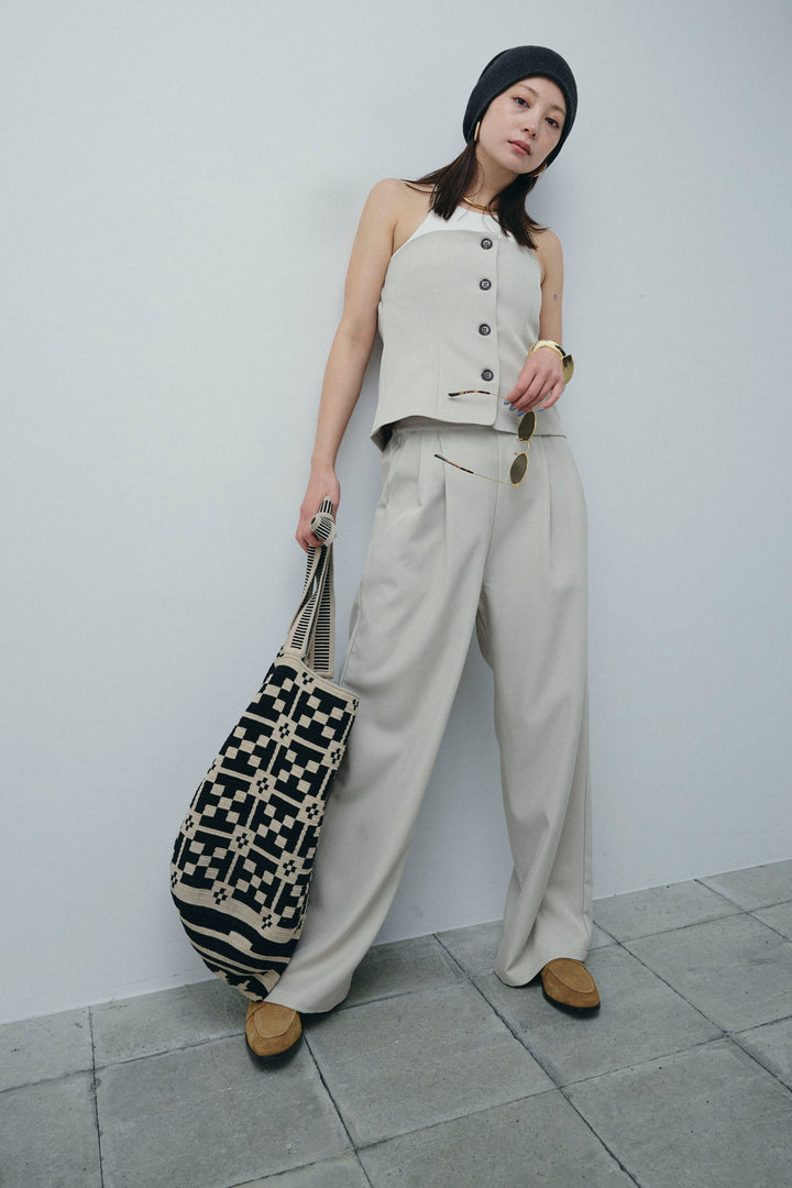 [予約/SET]フロントボタンベアトップ+ツイルタックワイドパンツ(2set)