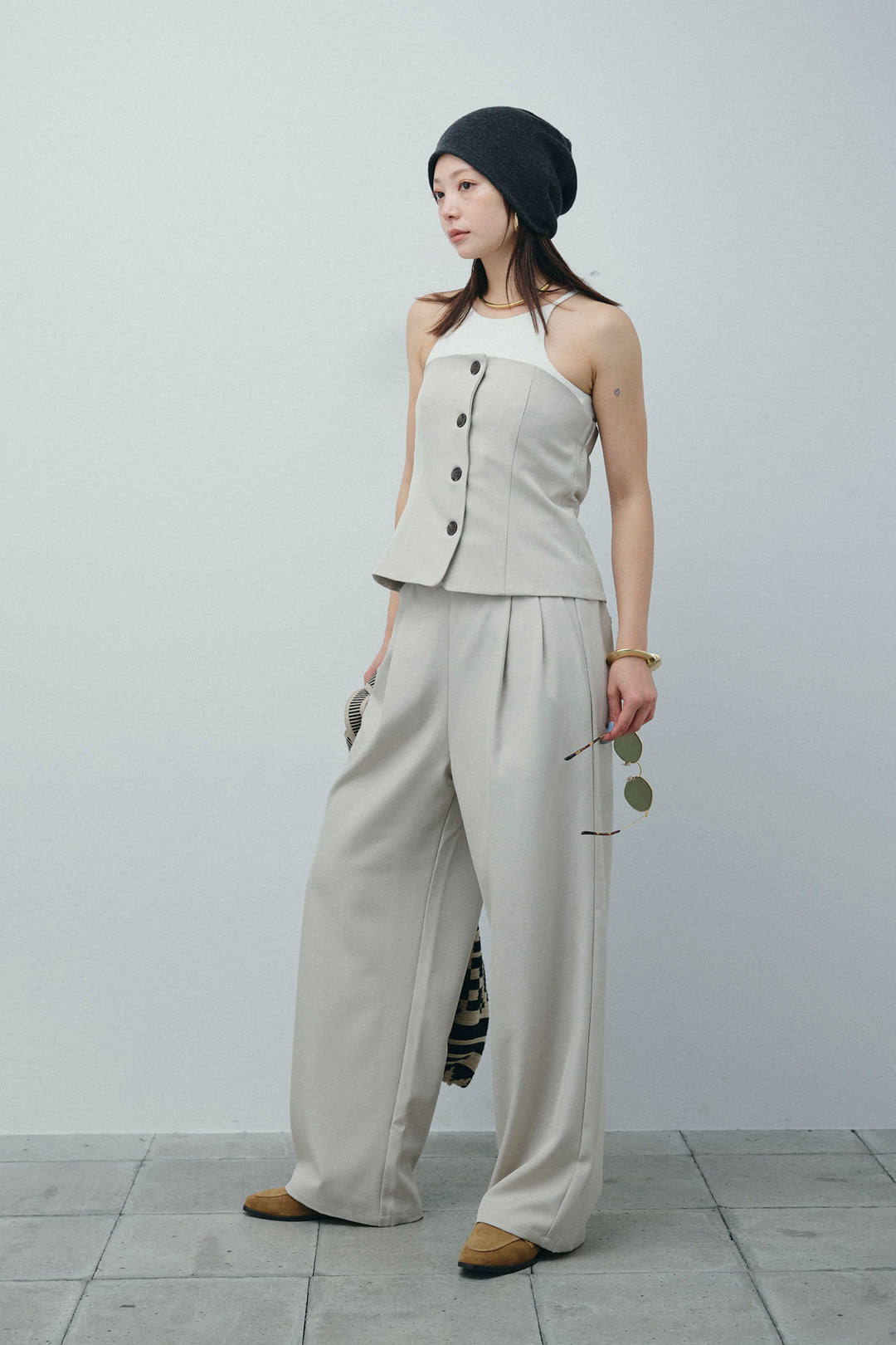 [予約/SET]フロントボタンベアトップ+ツイルタックワイドパンツ(2set)
