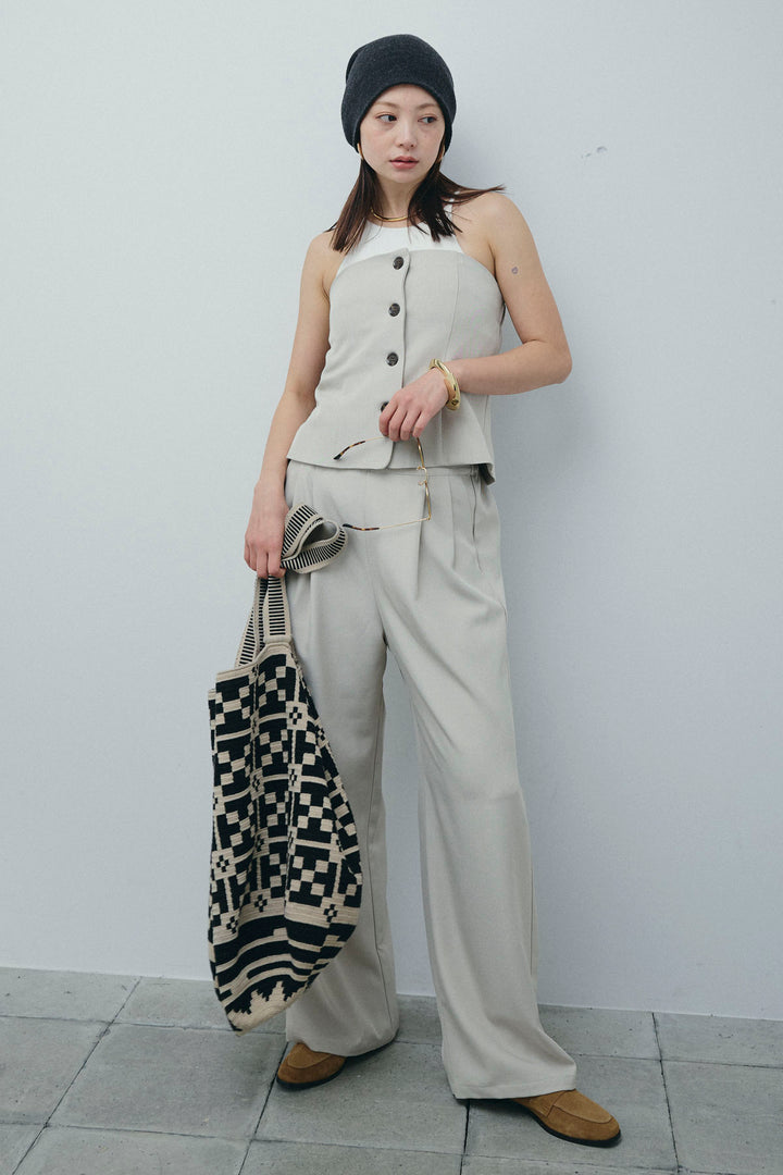 [予約/SET]フロントボタンベアトップ+ツイルタックワイドパンツ(2set)