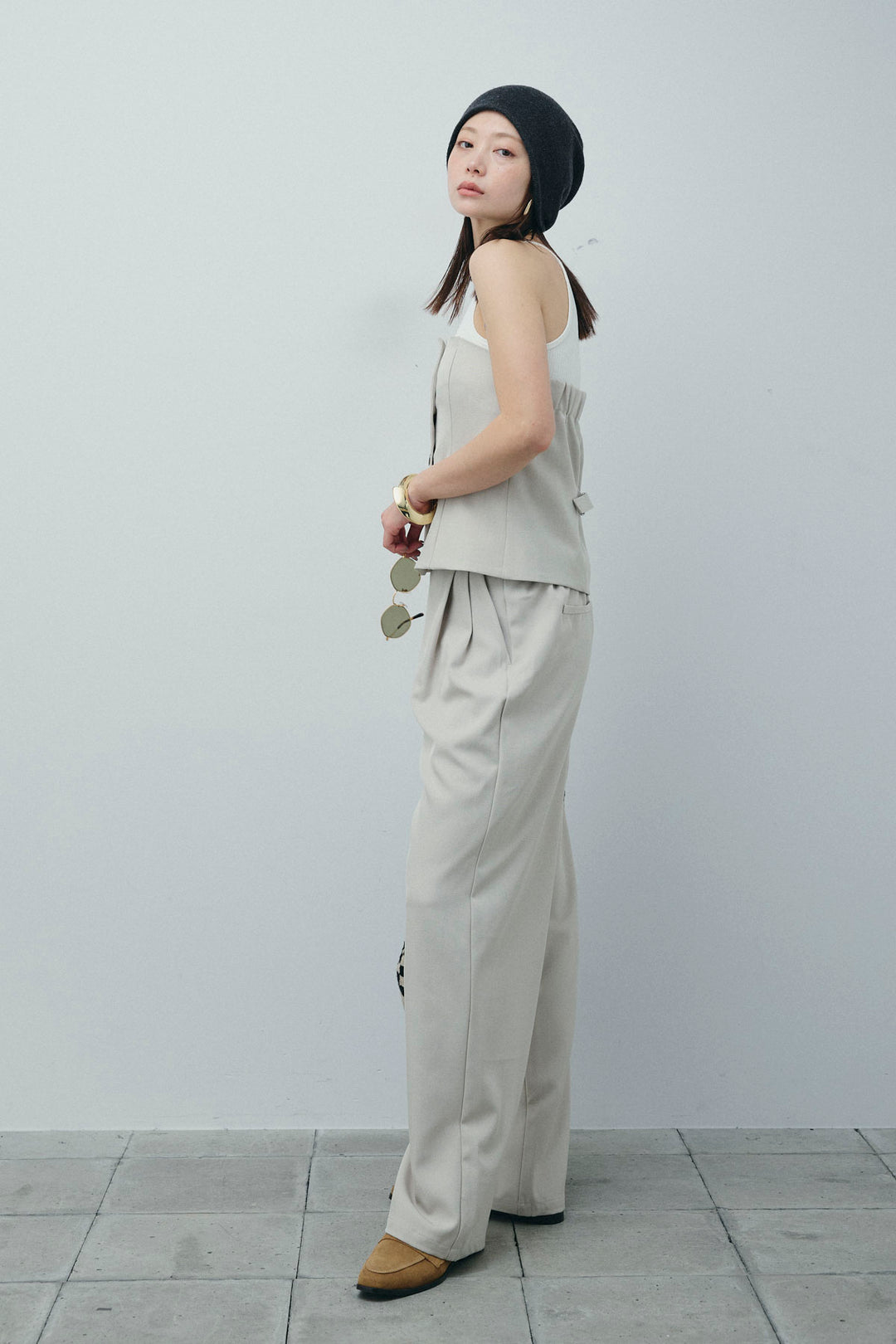 [予約/SET]フロントボタンベアトップ+ツイルタックワイドパンツ(2set)