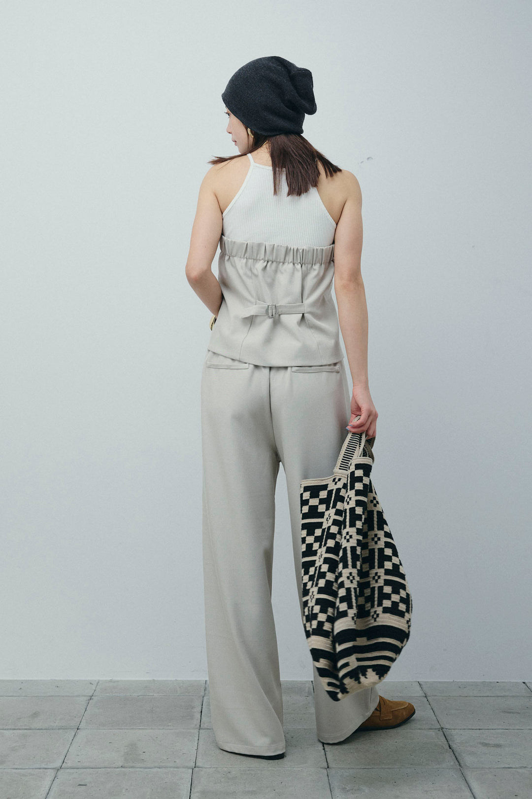 [予約/SET]フロントボタンベアトップ+ツイルタックワイドパンツ(2set)