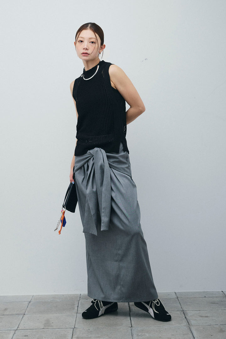 [予約/SET]フィッシュネットノースリーブニット+フロントクロスタイトスカート(2set)