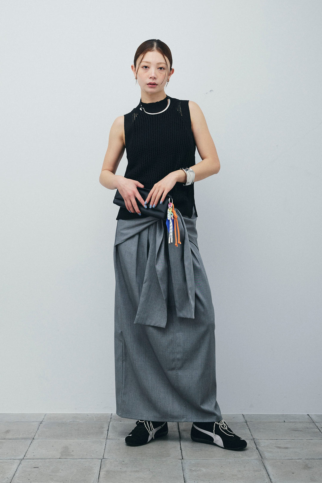 [予約/SET]フィッシュネットノースリーブニット+フロントクロスタイトスカート(2set)