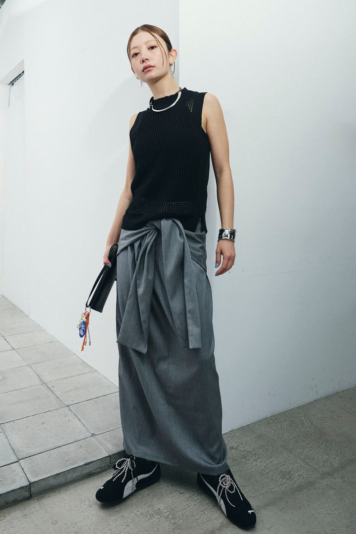 [予約/SET]フィッシュネットノースリーブニット+フロントクロスタイトスカート(2set)