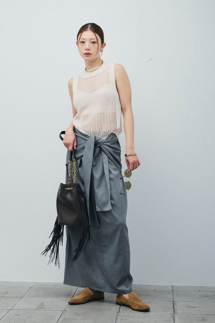 [予約/SET]フィッシュネットノースリーブニット+フロントクロスタイトスカート(2set)