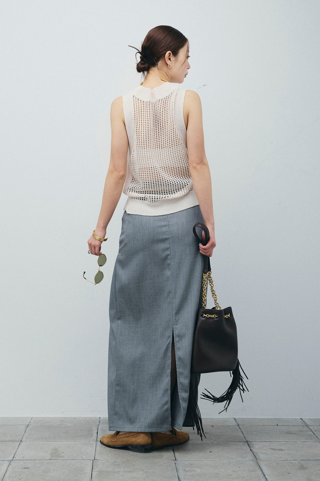 [予約/SET]フィッシュネットノースリーブニット+フロントクロスタイトスカート(2set)