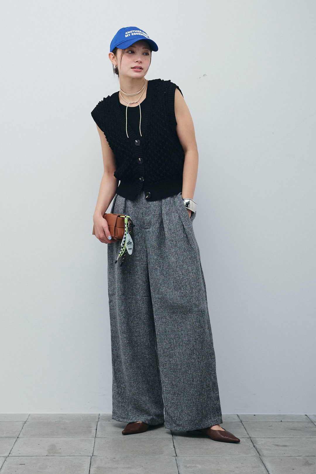 [予約/SET]カップ付きホルターネックタンク+バンピーステッチ2WAYベスト+サマーツイードタックパンツ(3set)