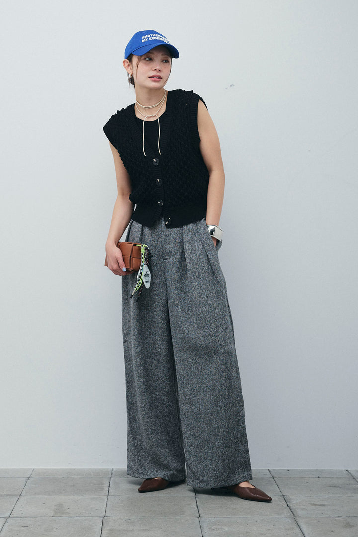 [予約/SET]カップ付きホルターネックタンク+バンピーステッチ2WAYベスト+サマーツイードタックパンツ(3set)