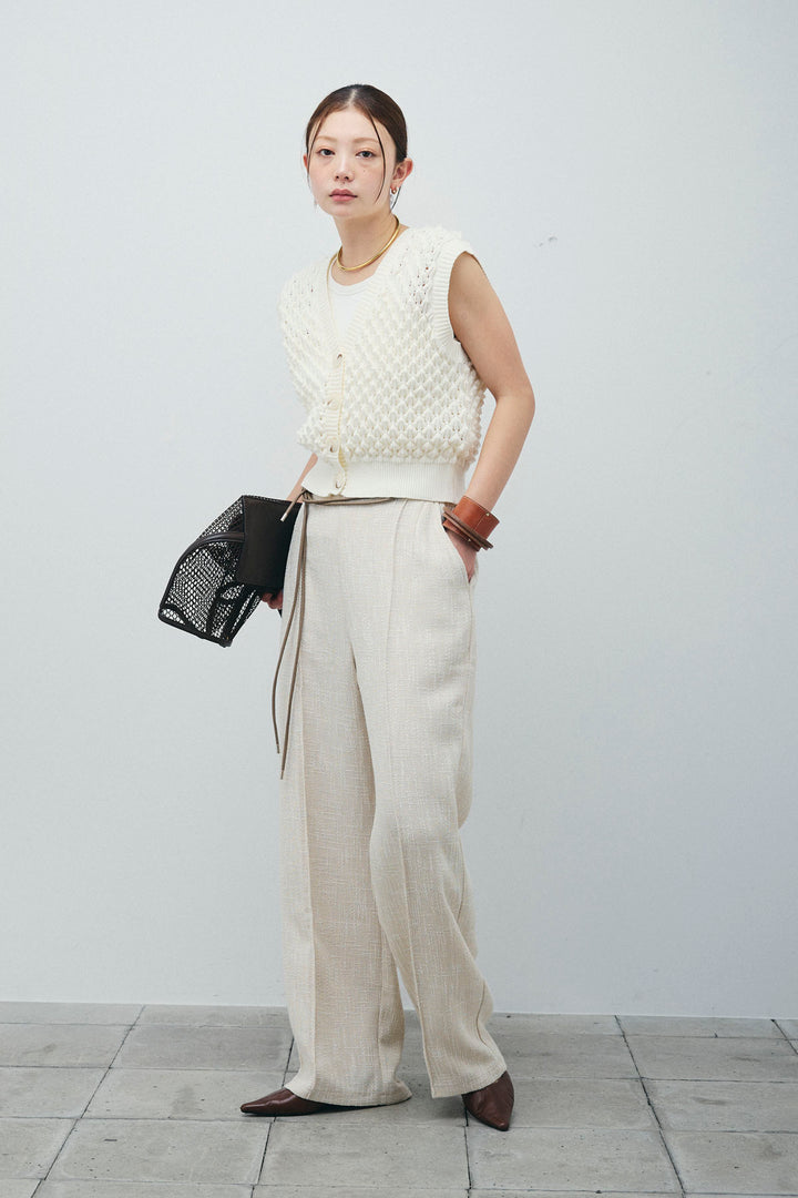 [予約/SET]カップ付きホルターネックタンク+バンピーステッチ2WAYベスト+サマーツイードタックパンツ(3set)