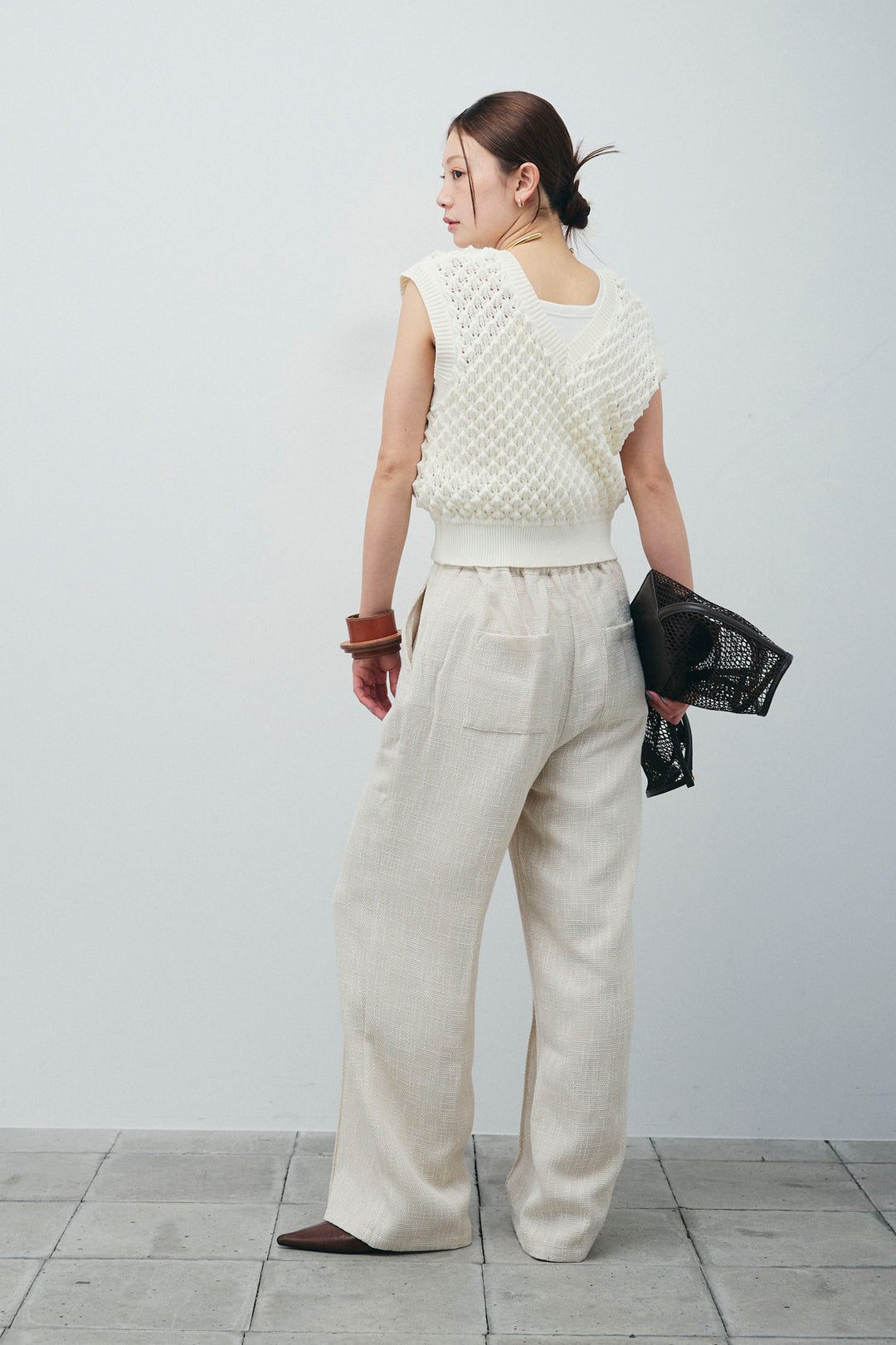 [予約/SET]カップ付きホルターネックタンク+バンピーステッチ2WAYベスト+サマーツイードタックパンツ(3set)