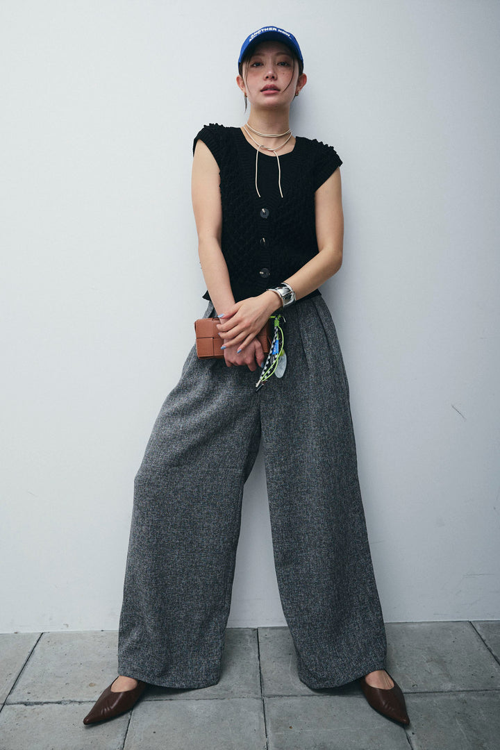 [予約/SET]カップ付きホルターネックタンク+バンピーステッチ2WAYベスト+サマーツイードタックパンツ(3set)