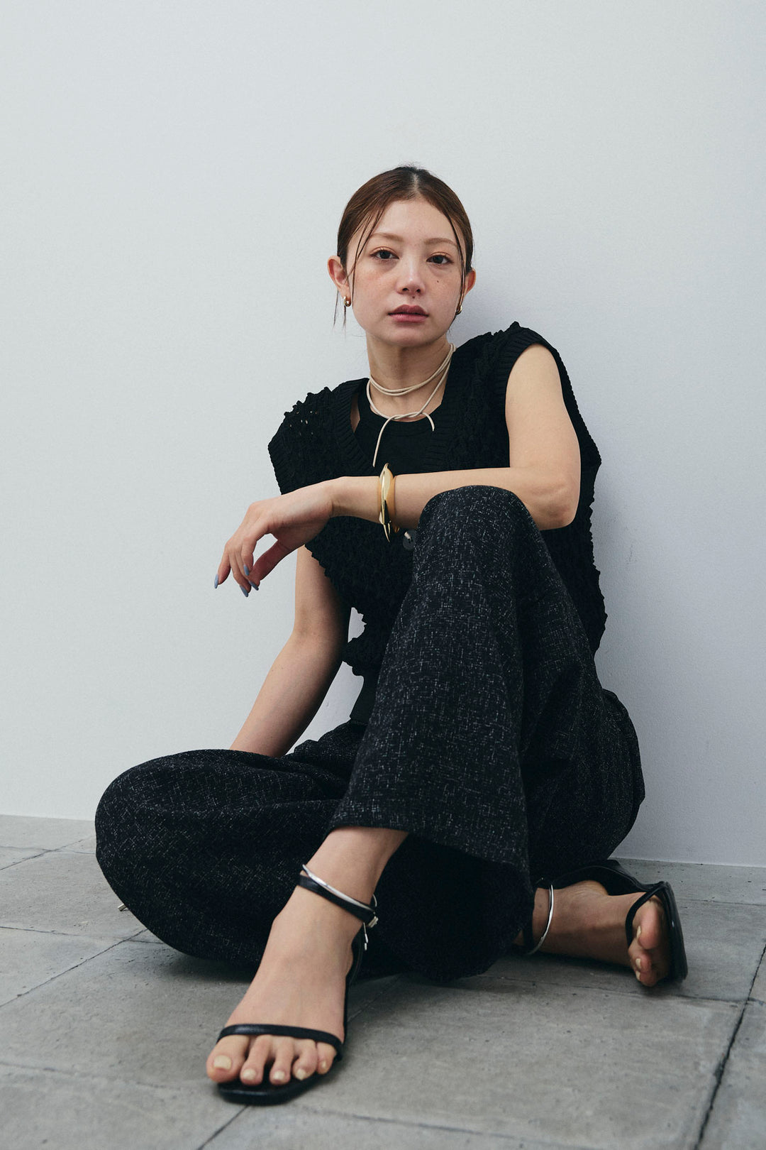 [予約/SET]カップ付きホルターネックタンク+バンピーステッチ2WAYベスト+サマーツイードタックパンツ(3set)