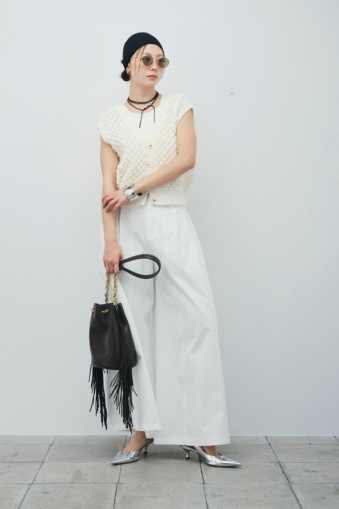 [予約/SET]カップ付きホルターネックタンク+バンピーステッチ2WAYベスト+ベルト付きバギーパンツ(3set)